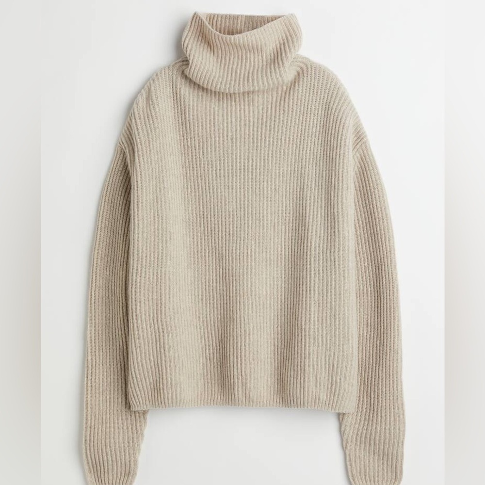 H&M Premium Selection Wool Cashmere Ribbed Funnel Neck Sweater